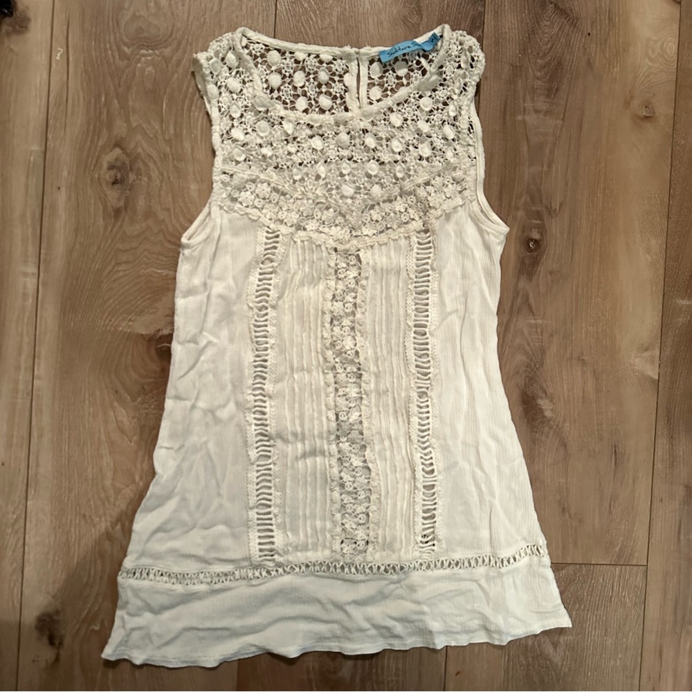 Solitaire Swim Creamy White Linen Crochet Beach Coverup Dress Size Small